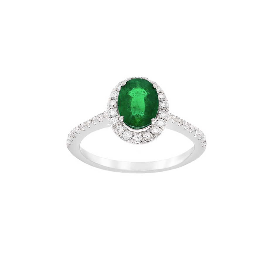 White Gold Oval Emerald and Diamond Halo May Birthstone Ring